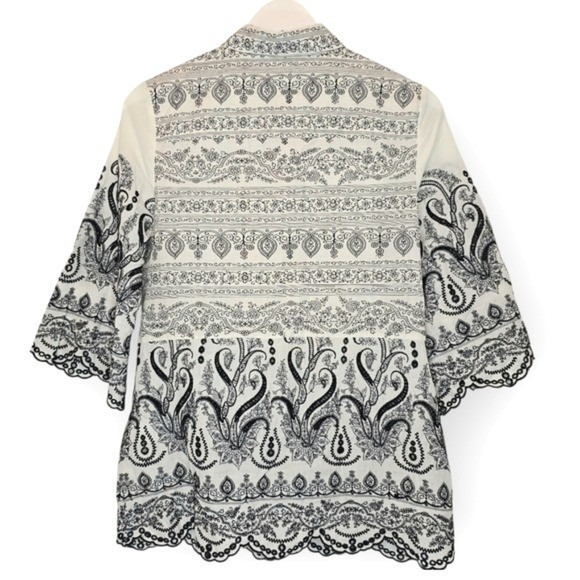 CHICO'S Paisley‎ Eyelet Shirt Black White Cotton Sz OP - 2P Boho Romantic Blouse - Picture 6 of 13